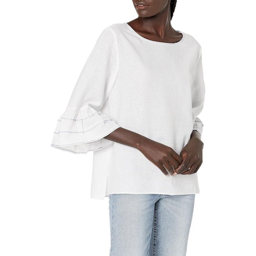 NIC+ZOE Tangier Women’s Linen Bell Sleeve Blouse Top size XS Oversized Boat Neck
